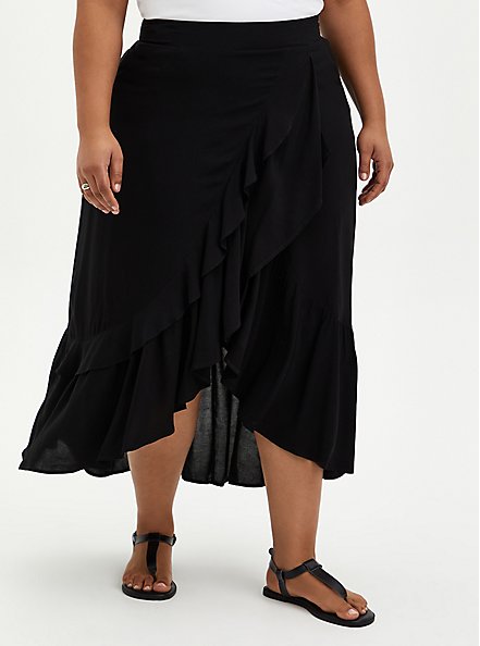 Black Challis Ruffle Hem Hi-Lo Maxi Skirt, DEEP BLACK, hi-res
