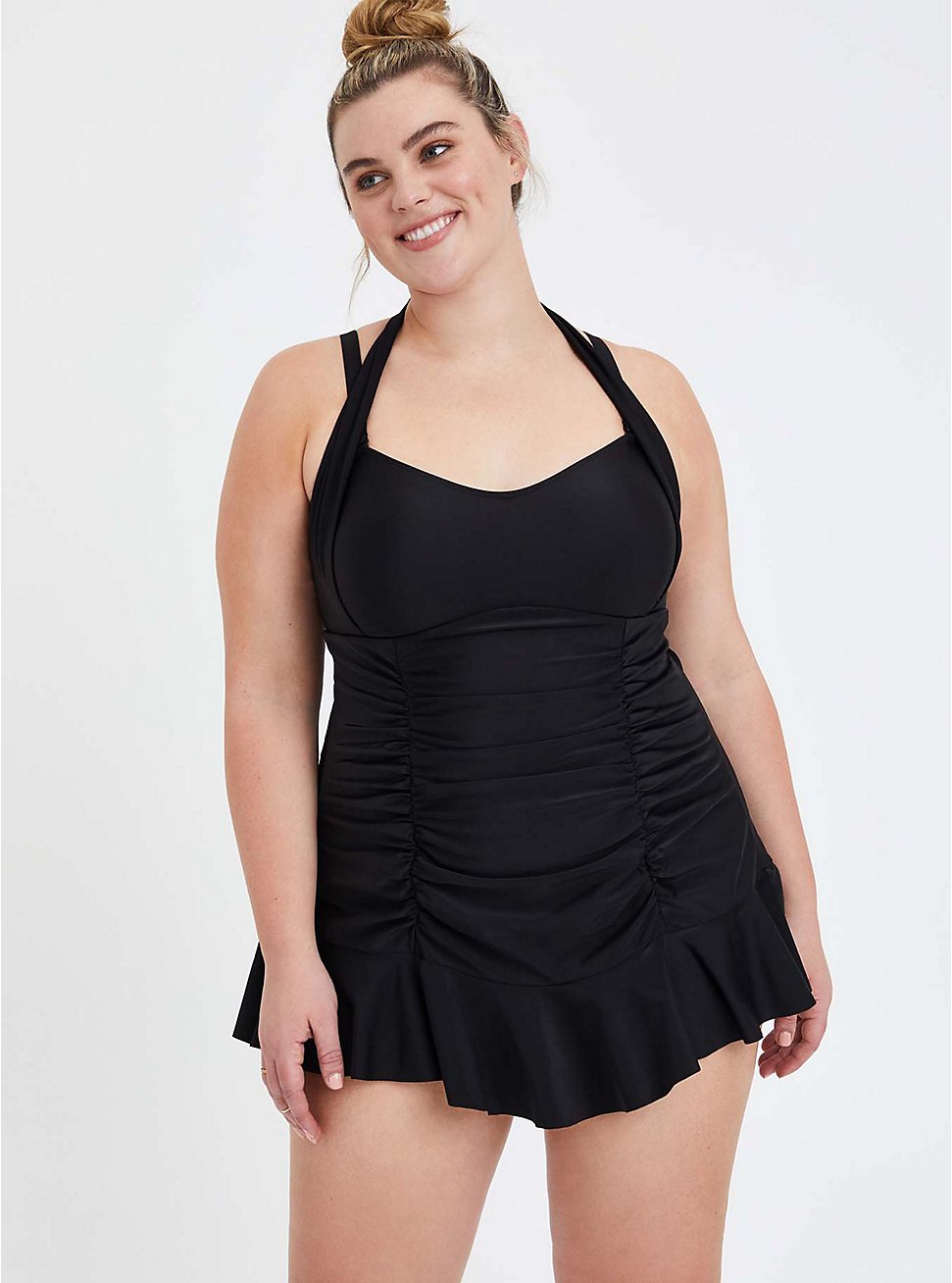 Black Ruched Halter Swim Dress - Short, DEEP BLACK, hi-res