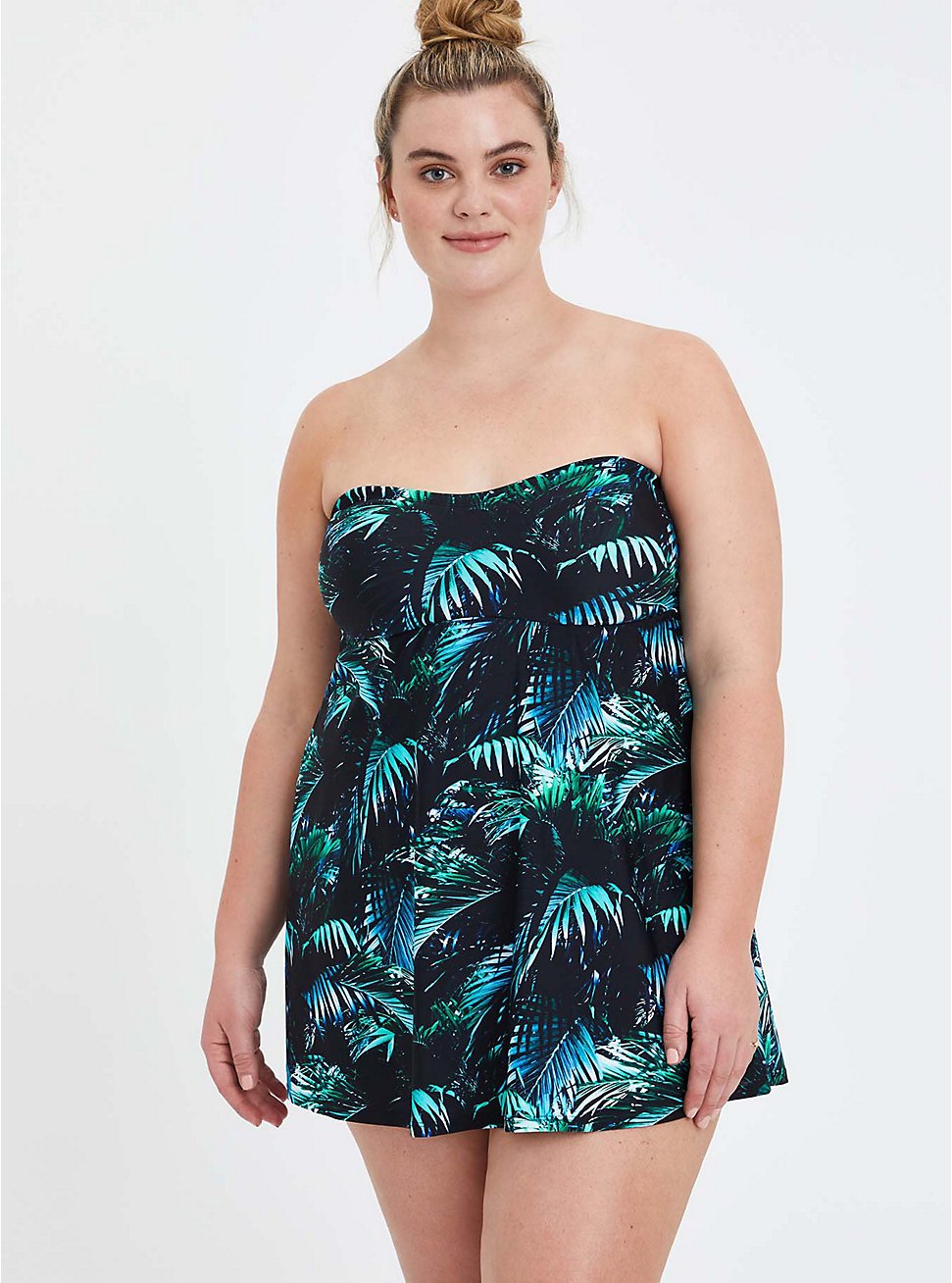 Plus Size A-Line Mid-Length Swim Dress - Palms Print , MULTI, hi-res