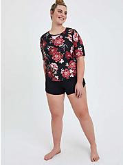 Plus Size Floral Elbow Sleeve Side Cinch Swim Shirt, MULTI, alternate