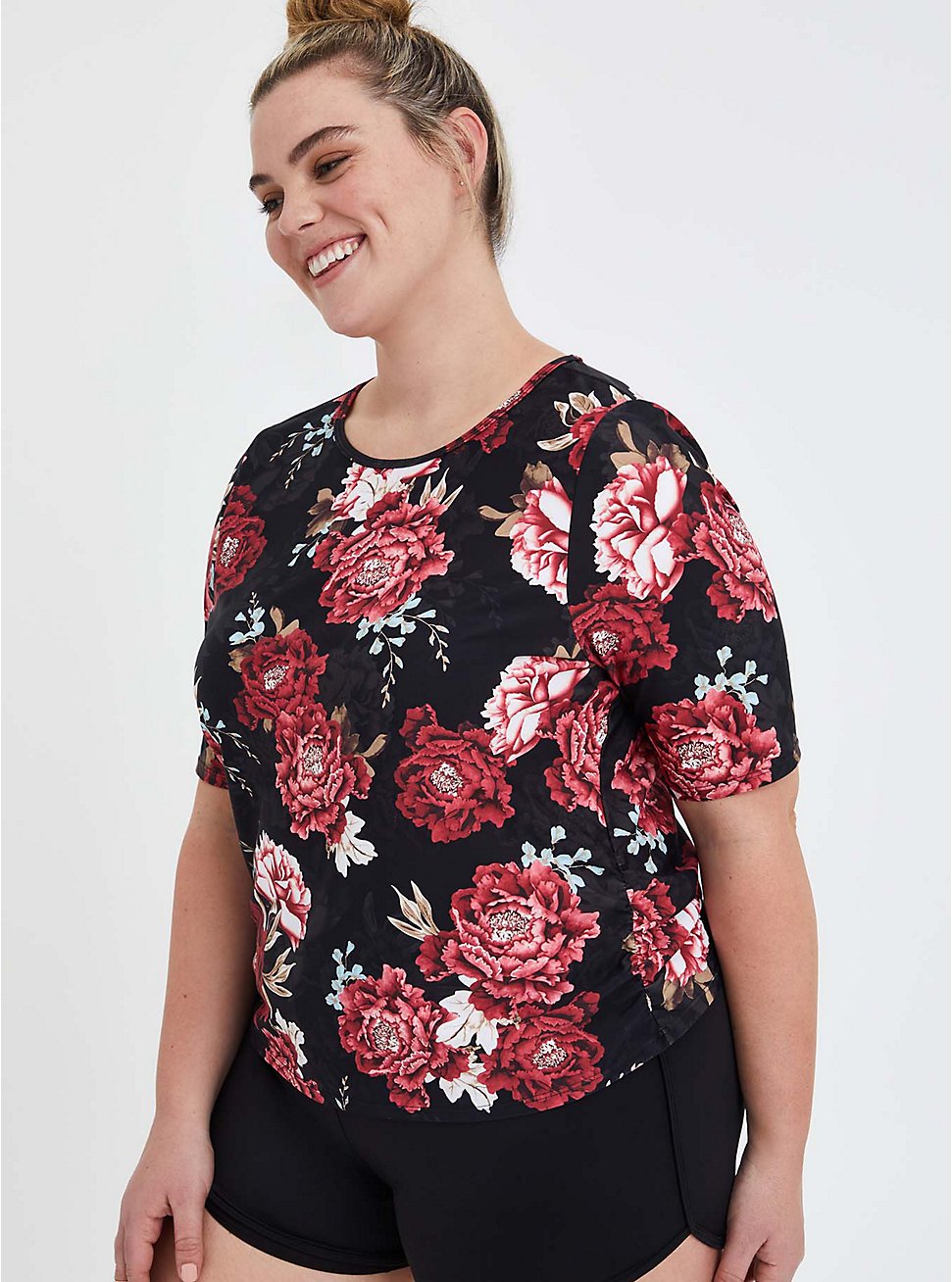 Floral Elbow Sleeve Side Cinch Swim Shirt, MULTI, hi-res