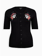 Plus Size Retro Chic Crop Cardigan Sweater - Floral Skull Black, DEEP BLACK, hi-res