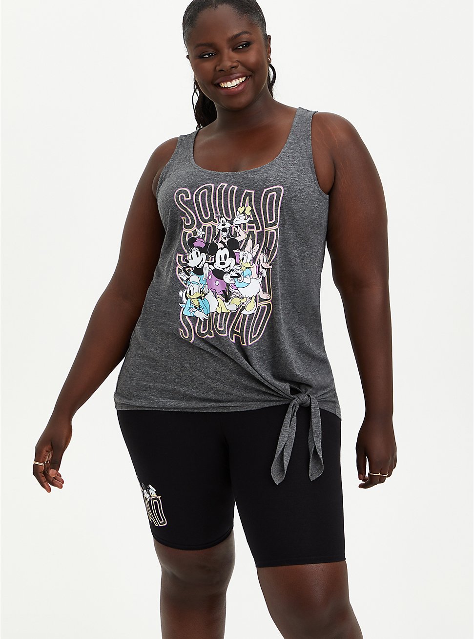 Plus Size Disney Mickey & Friends Squad Side Tie Tank, HEATHER  CHARCOAL, hi-res