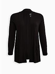 Plus Size Super Soft Black Open Front Cardigan, DEEP BLACK, hi-res