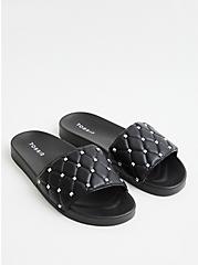 Plus Size Studded Slide Sandal - Quilted Faux Leather Black (WW), BLACK, alternate