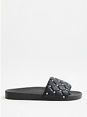 Plus Size Studded Slide Sandal - Quilted Faux Leather Black (WW), BLACK, alternate