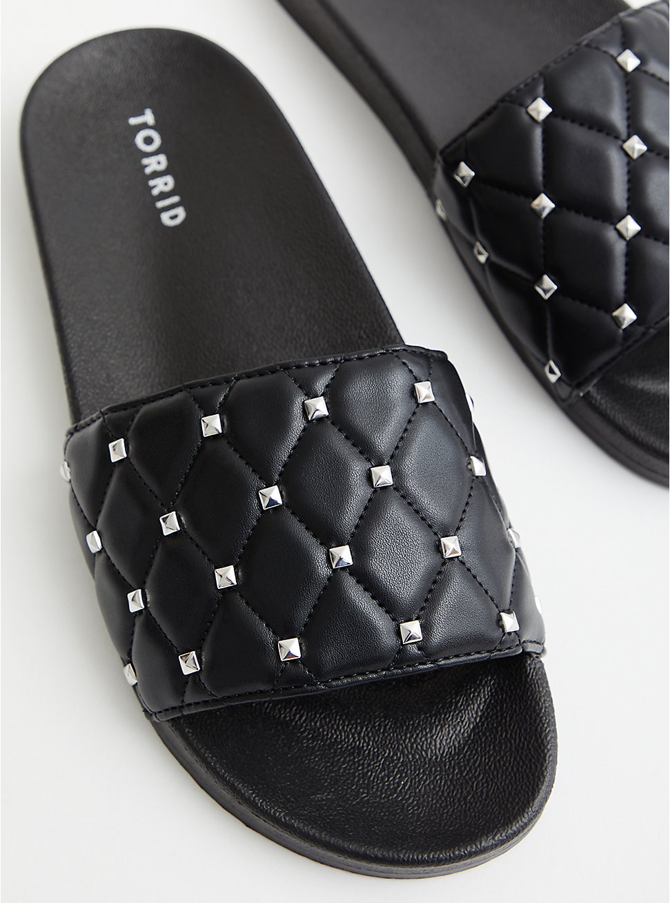 Studded Slide Sandal - Quilted Faux Leather Black (WW), BLACK, hi-res
