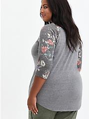 Plus Size Classic Fit Raglan Tee - Heather Grey Floral 3/4 Sleeve, OTHER PRINTS, alternate