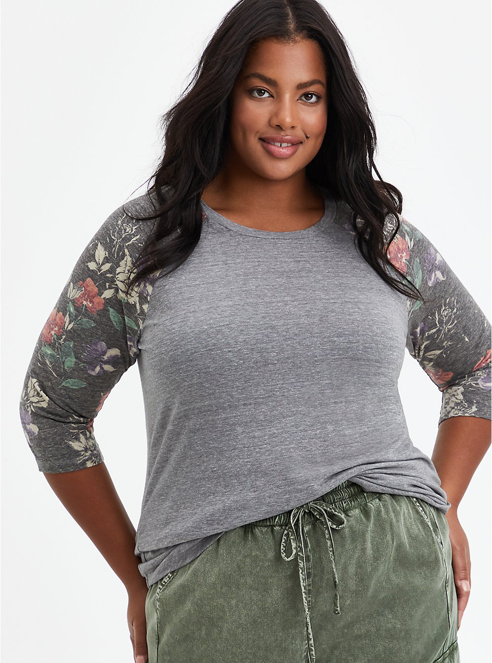 Plus Size Classic Fit Raglan Tee - Heather Grey Floral 3/4 Sleeve, OTHER PRINTS, hi-res