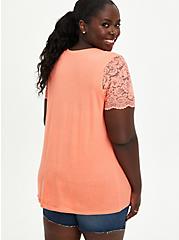 Lace Sleeve Tee - Cotton-Blend Coral, CORAL, alternate