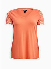 Lace Sleeve Tee - Cotton-Blend Coral, CORAL, hi-res