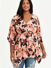 Babydoll Tunic - Stretch Challis Floral Peach, FLORAL - PINK, hi-res