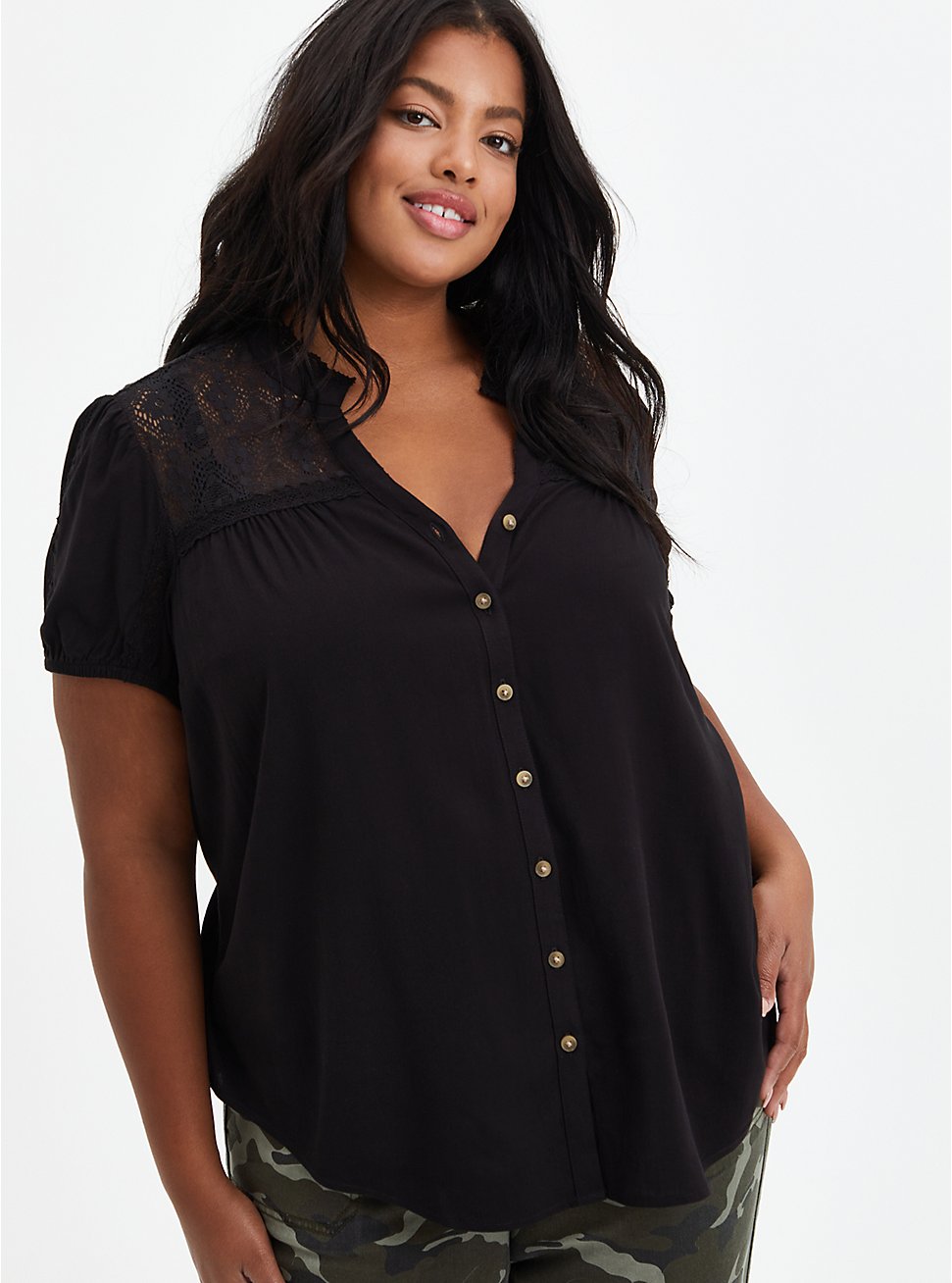 Lace Inset Blouse - Textured Stretch Rayon Black, DEEP BLACK, hi-res