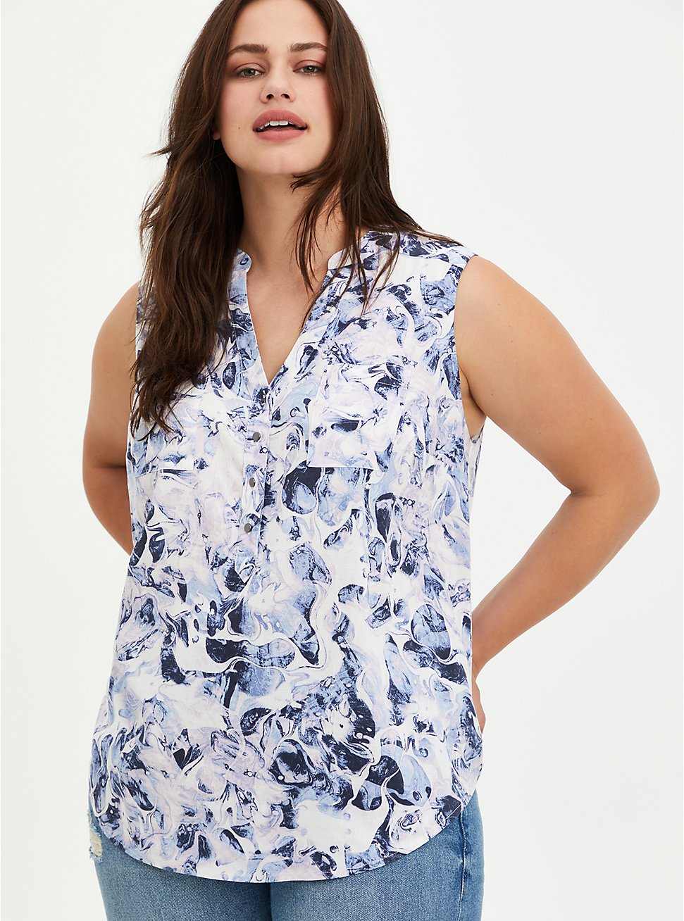 Harper - Blue Marble Textured Stretch Rayon Tank, MARBLE - WHITE, hi-res