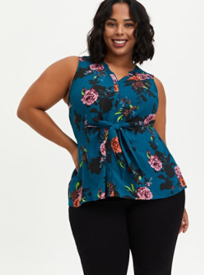 Plus Size - Peplum Tie Front Sleeveless Blouse - Georgette Floral Teal ...