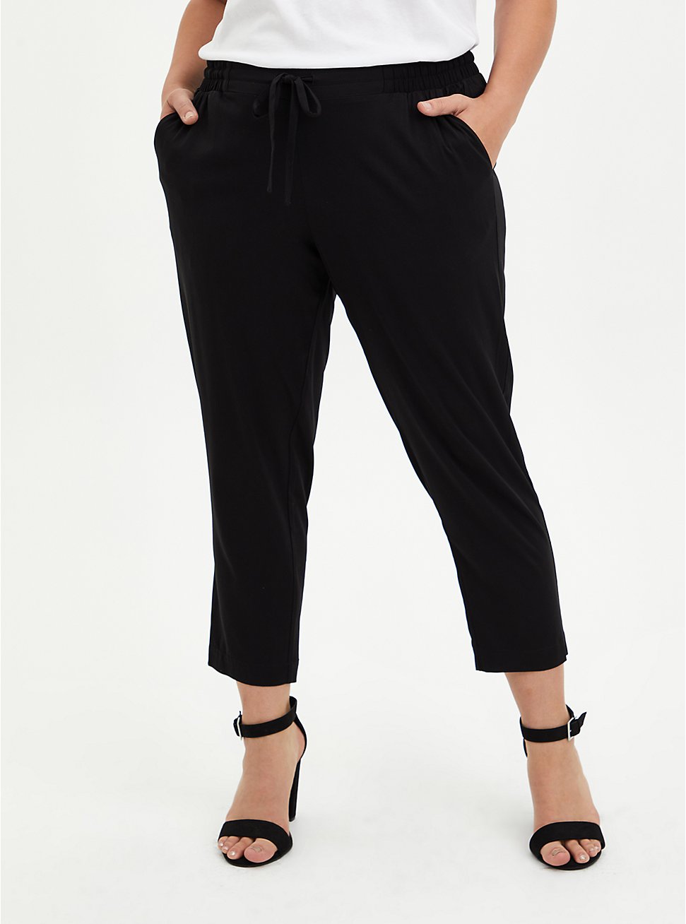 Relaxed Taper Stretch Challis High-Rise Tie-Front Pant, DEEP BLACK, hi-res