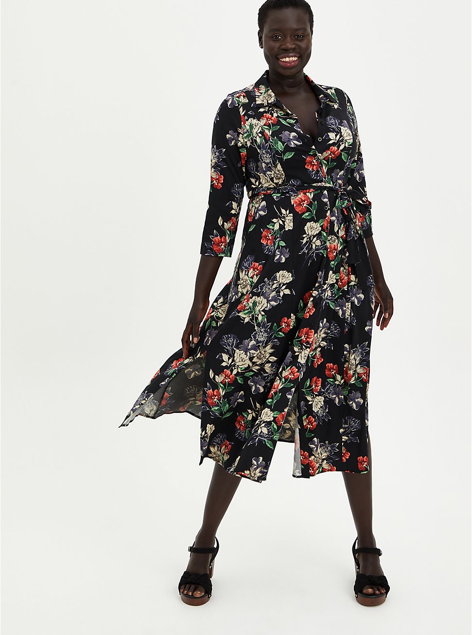 Tea Length Shirt Dress - Challis Black Floral, FLORAL - BLACK, hi-res