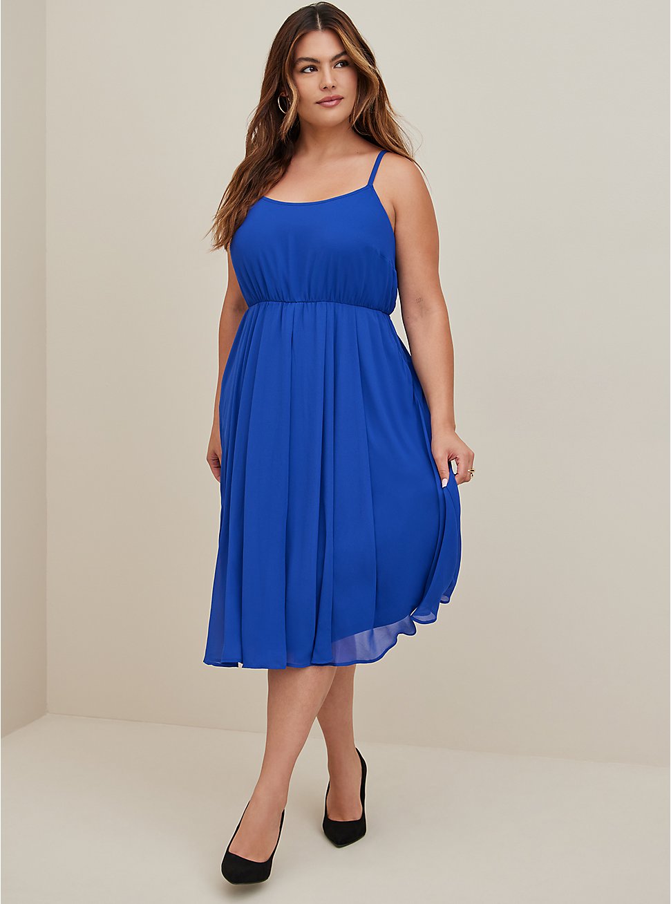 Plus Size Midi Chiffon Pleated Dress, ELECTRIC BLUE, hi-res