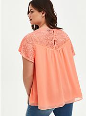 Coral Crinkle Chiffon Lace Blouse, FUSION CORAL, alternate