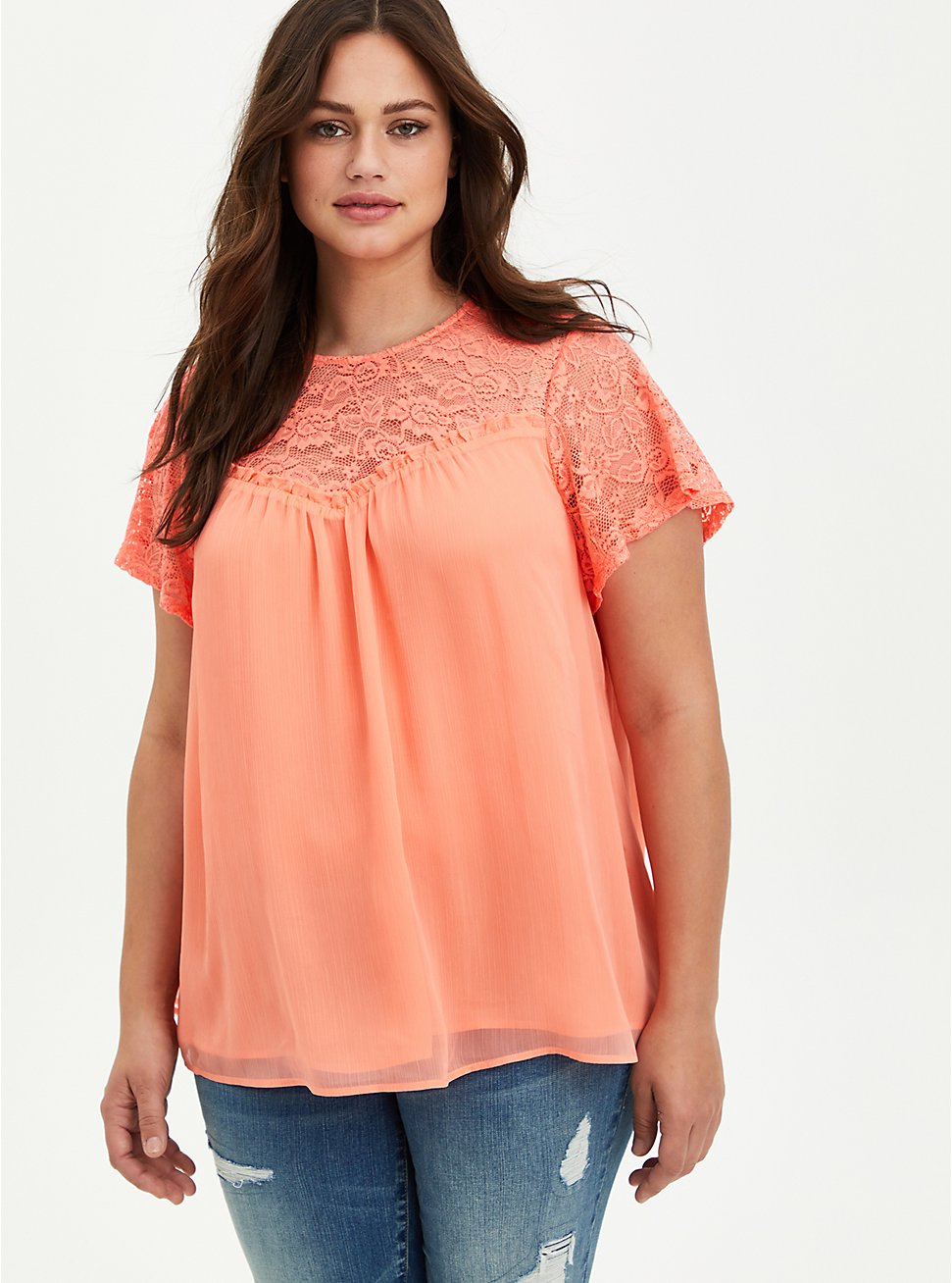Coral Crinkle Chiffon Lace Blouse, FUSION CORAL, hi-res