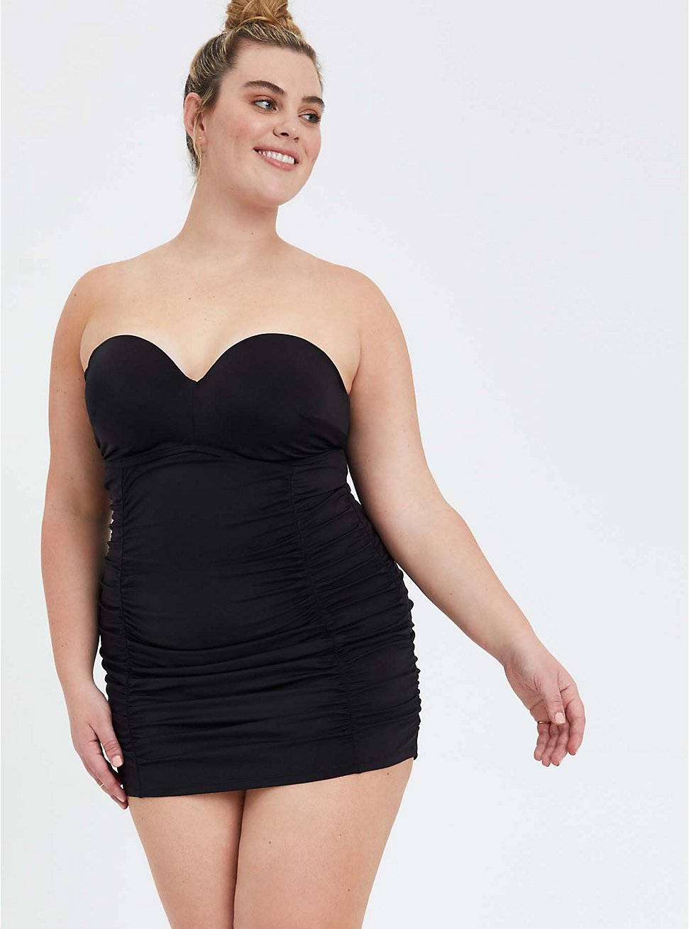 Ruched Retro Mid-Length Swim Dress - Black, DEEP BLACK, hi-res