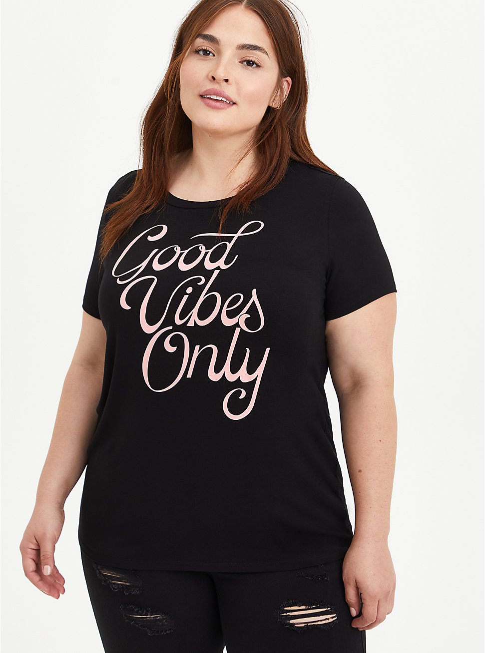 Plus Size Perfect Tee - Super Soft  Good Vibes Only, DEEP BLACK, hi-res
