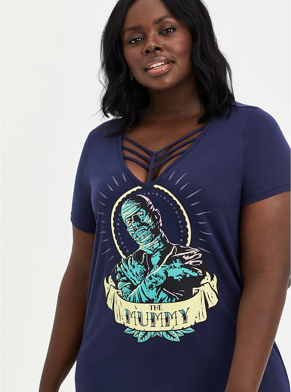Universal Monsters Mummy Caged V-Neck Top - Black, PEACOAT, hi-res