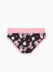 Plus Size Wide Lace Hipster Panty - Cotton Floral Black + Pink, MULTI FORAL, alternate
