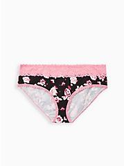 Plus Size Wide Lace Hipster Panty - Cotton Floral Black + Pink, MULTI FORAL, hi-res