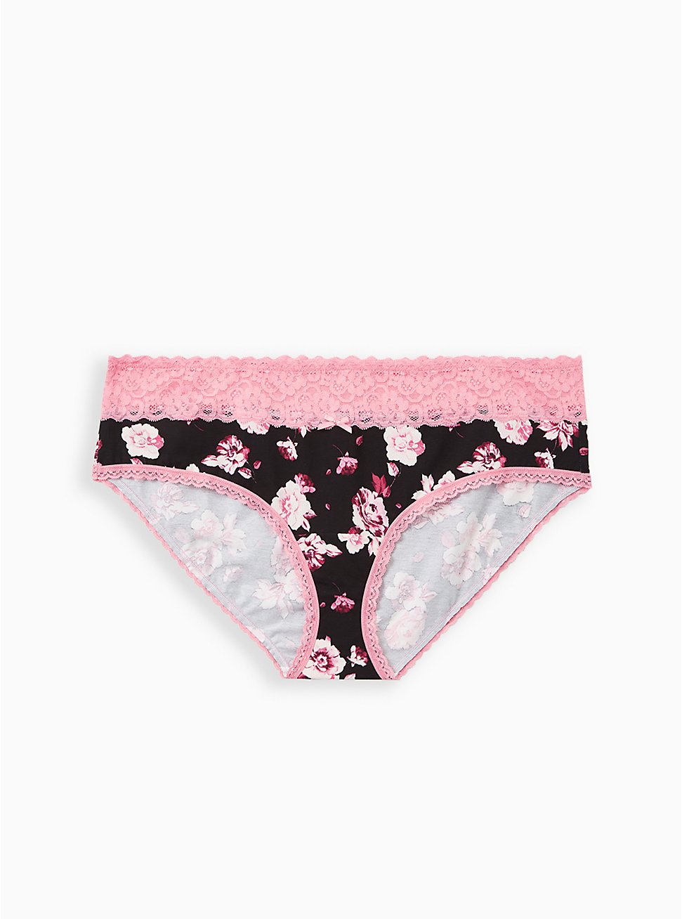 Plus Size Wide Lace Hipster Panty - Cotton Floral Black + Pink, MULTI FORAL, hi-res