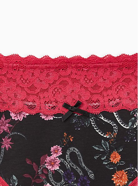 Wide Lace Trim Thong Panty - Cotton Floral Snake Garden Black, MULTI, alternate