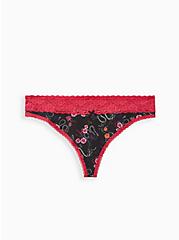 Plus Size Wide Lace Trim Thong Panty - Cotton Floral Snake Garden Black, MULTI, hi-res