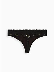 Wide Lace Trim Thong Panty - Cotton Ghosts Black, MULTI, alternate