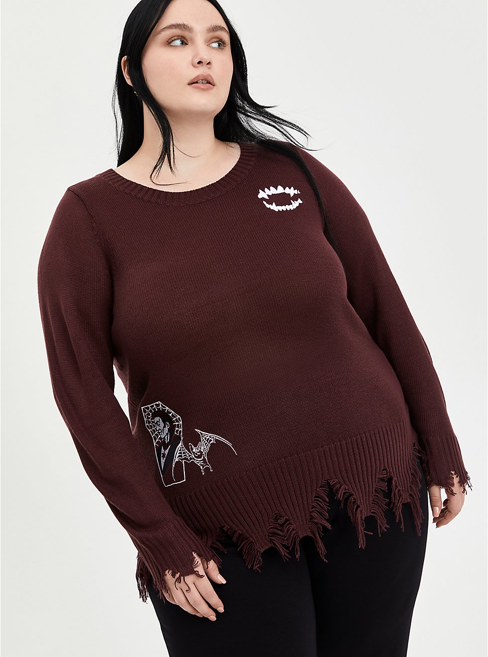 Plus Size Universal Monsters Dracula Coffin Fray Sweater - Black, BURGUNDY, hi-res