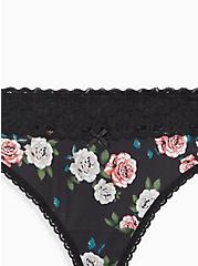 Plus Size Wide Lace Trim Thong Panty - Cotton Floral Black, MULTI FORAL, alternate