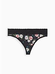 Plus Size Wide Lace Trim Thong Panty - Cotton Floral Black, MULTI FORAL, hi-res