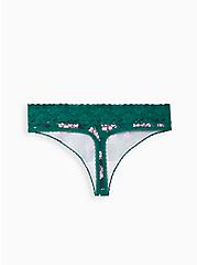 Plus Size Wide Lace Trim Thong Panty -  Cotton Floral Green, MULTI FORAL, alternate