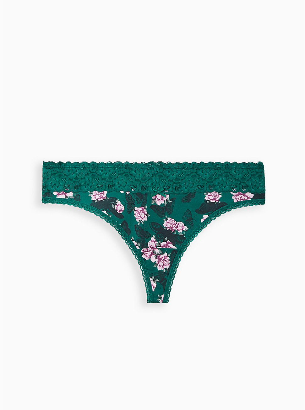 Plus Size Wide Lace Trim Thong Panty -  Cotton Floral Green, MULTI FORAL, hi-res