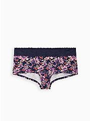 Plus Size Wide Lace Trim Boyshort Panty - Cotton Floral Navy, MULTI FORAL, hi-res