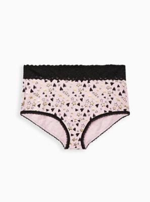Plus Size - Wide Lace Trim Brief Panty - Cotton Hearts & Stars Pink ...