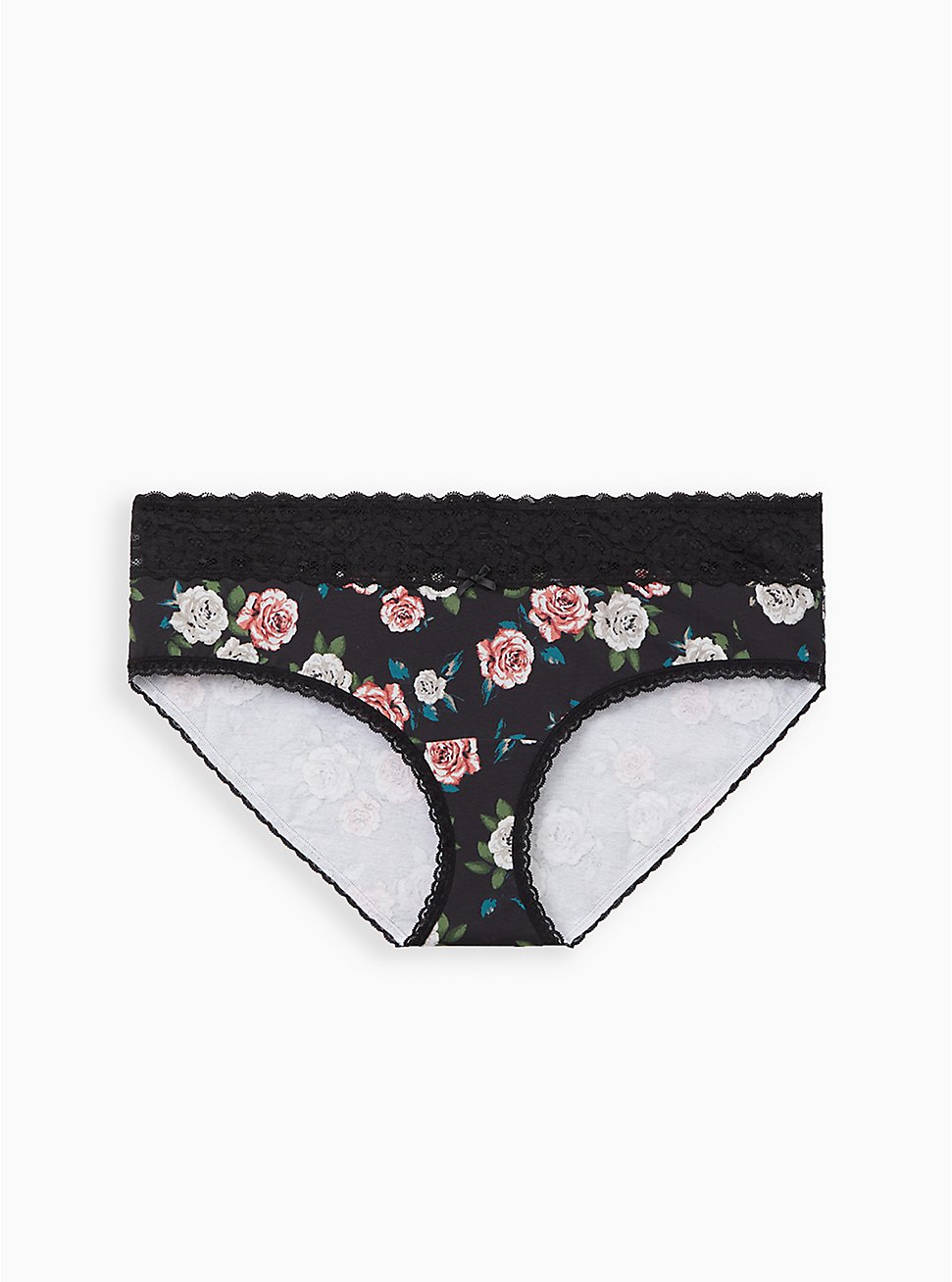 Plus Size Wide Lace Trim Hipster Panty - Cotton Floral Black, MULTI FORAL, hi-res
