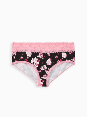 Plus Size - Wide Lace Cheeky Panty - Cotton Floral Black + Pink - Torrid