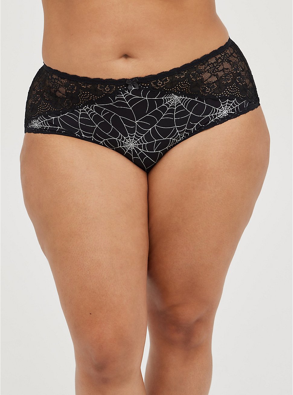 Plus Size Cheeky Panty - Microfiber & Lace Spiderweb Black, RICH BLACK, hi-res