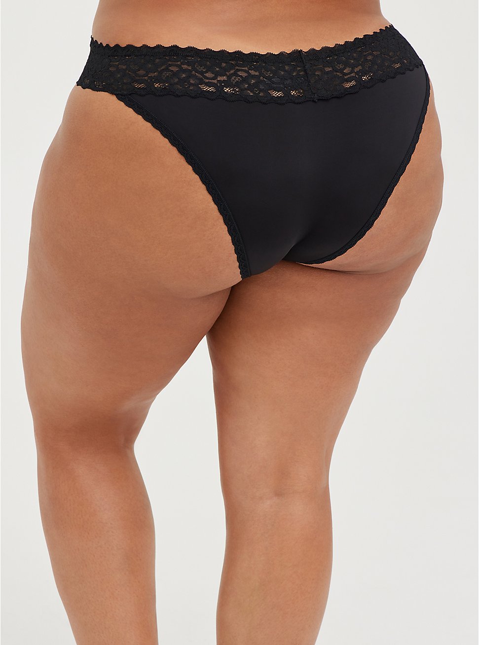 Plus Size Wide Lace Trim Hi-Leg Bikini Panty - Second Skin Black, RICH BLACK, hi-res