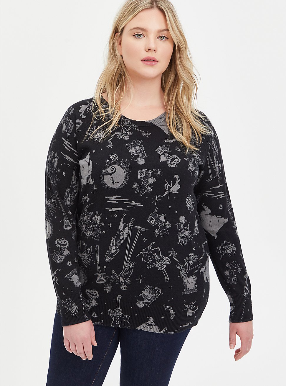 Plus Size Raglan Pullover Sweater - Disney The Nightmare Before Christmas, BLACK  GREY, hi-res
