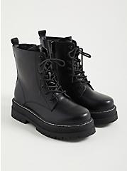 Plus Size Platform Combat Boot - Faux Leather Black, BLACK, alternate