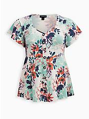 Button Front Peplum Top - Floral White, OTHER PRINTS, hi-res