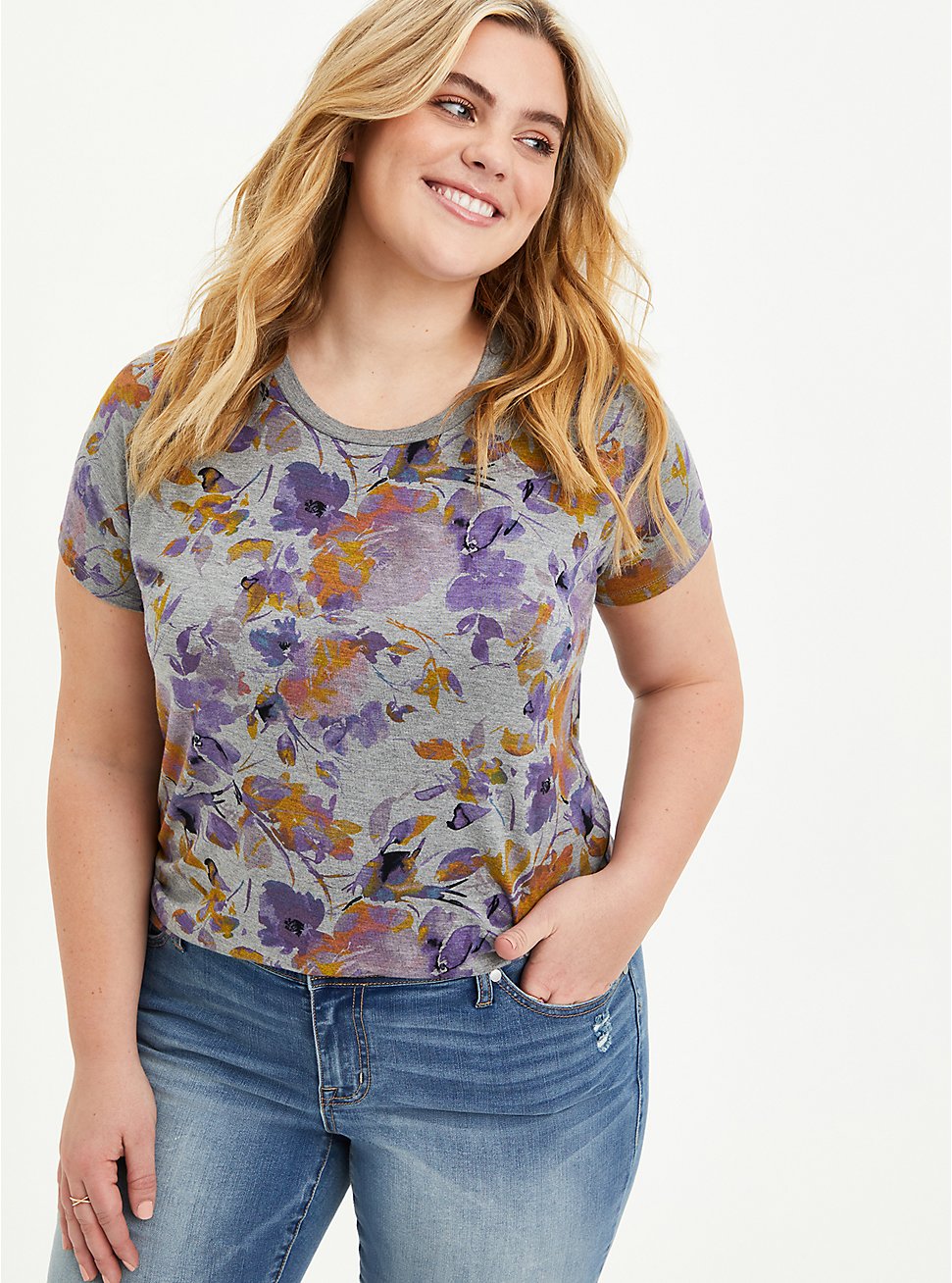 Plus Size Perfect Tee - Super Soft Floral Grey, OTHER PRINTS, hi-res