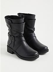 Double Strap Moto Boots - Black Faux Leather (WW), BLACK, hi-res
