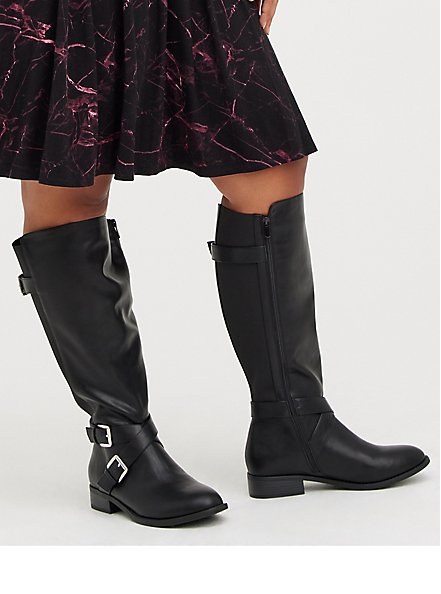 Plus Size Brooke Side Buckle Knee Boot - Faux Leather Black (WW), BLACK, alternate